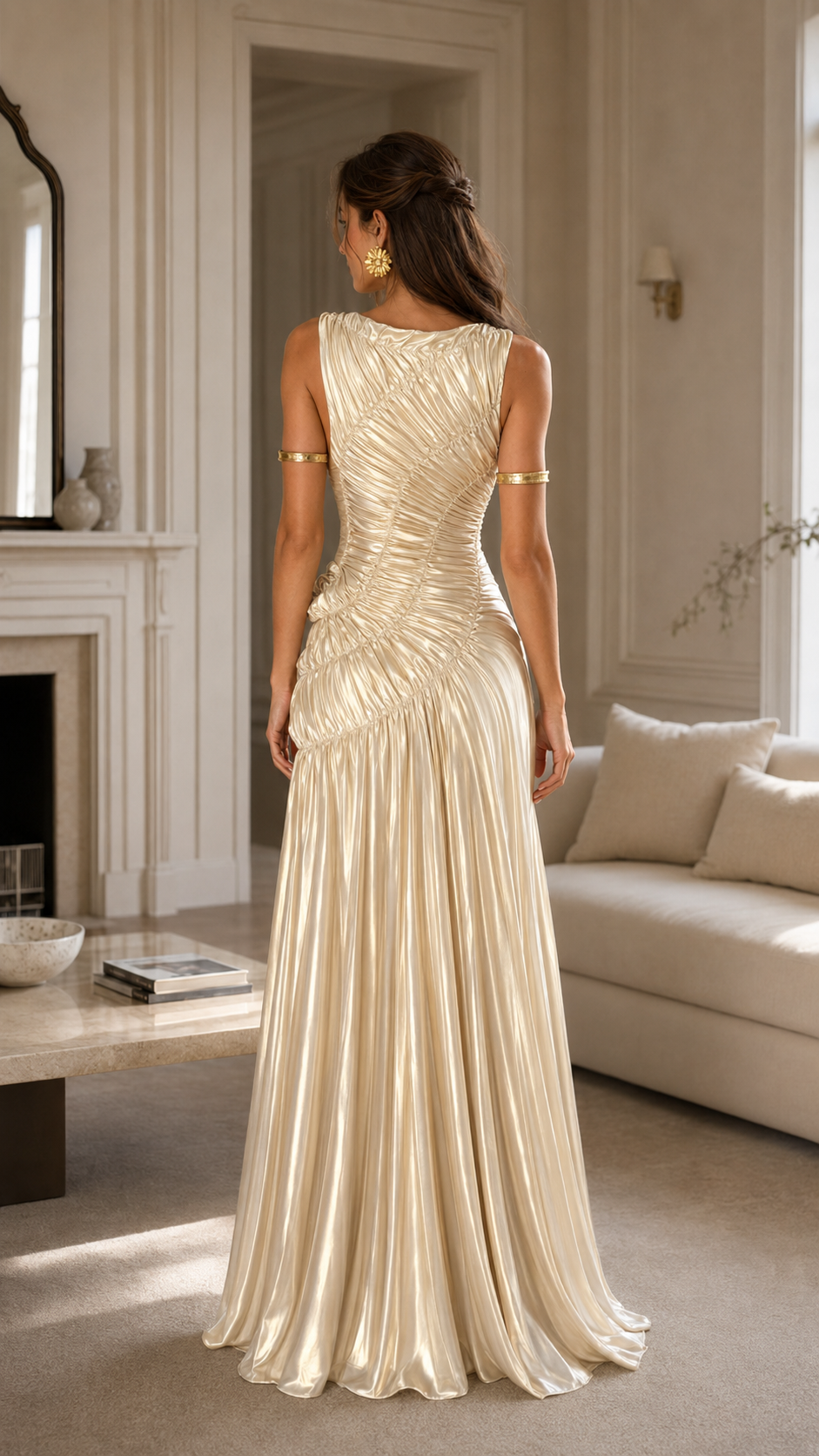 Back view of champagne ruched sleeveless satin-look mermaid maxi evening gown