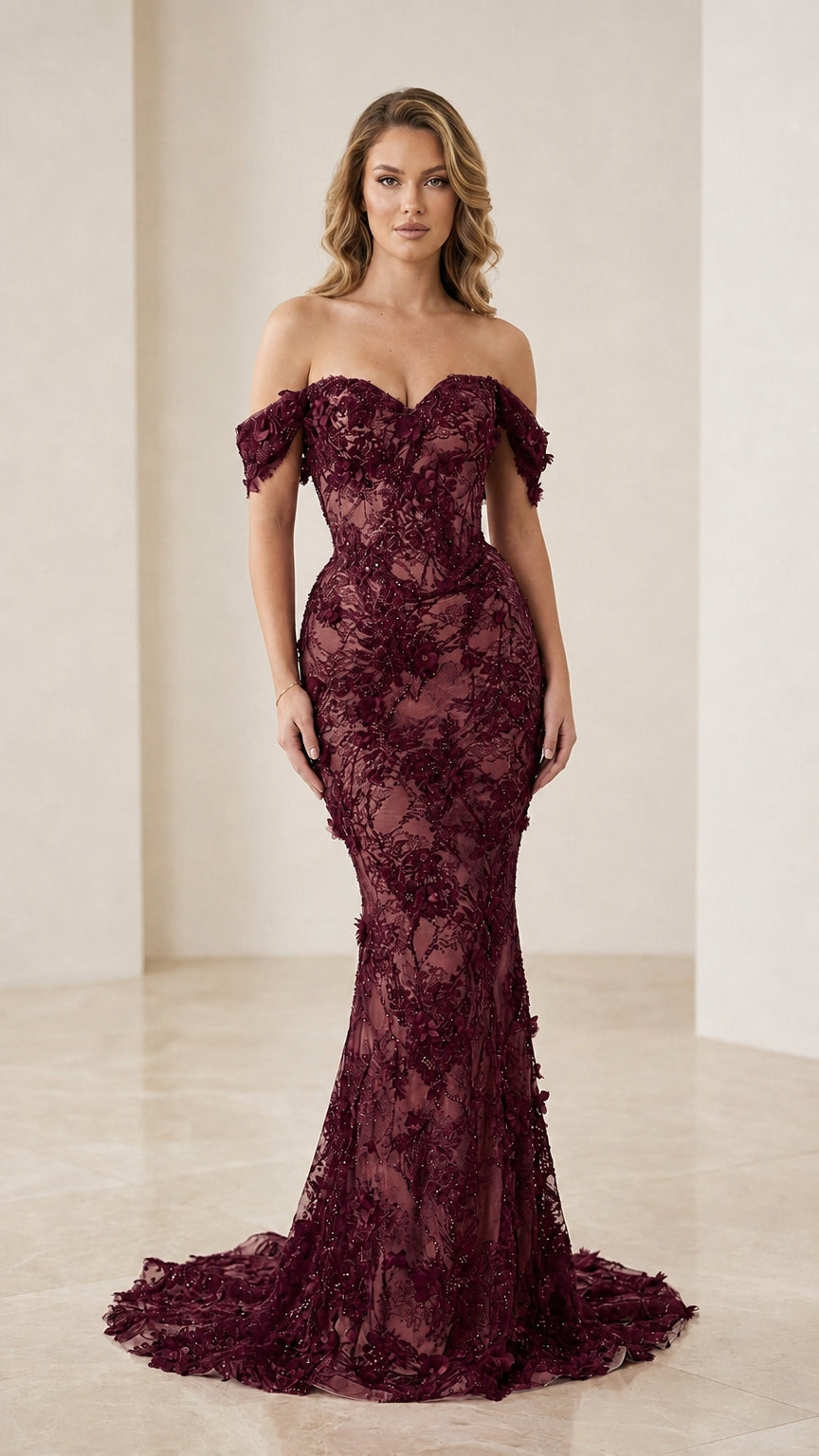 Burgundy color variant of off-the-shoulder mermaid evening gown