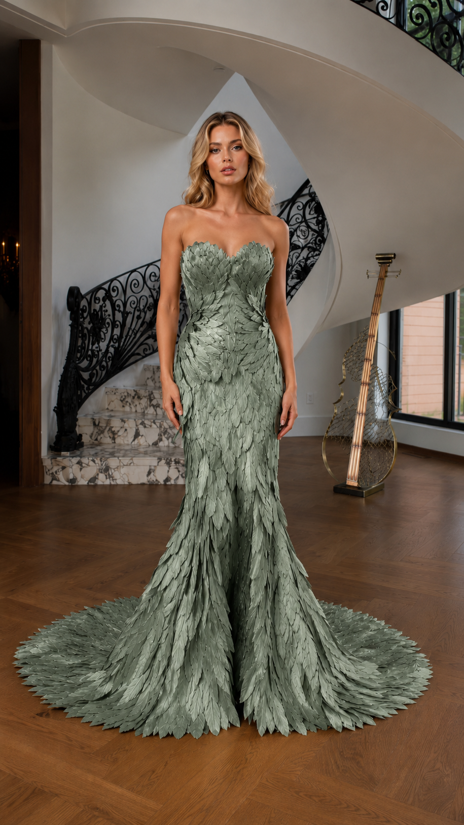 Sage green strapless mermaid gown with feather-texture overlay front view