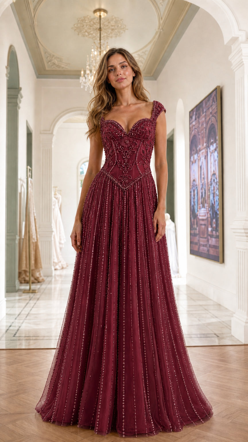 Front view of burgundy evening gown variant