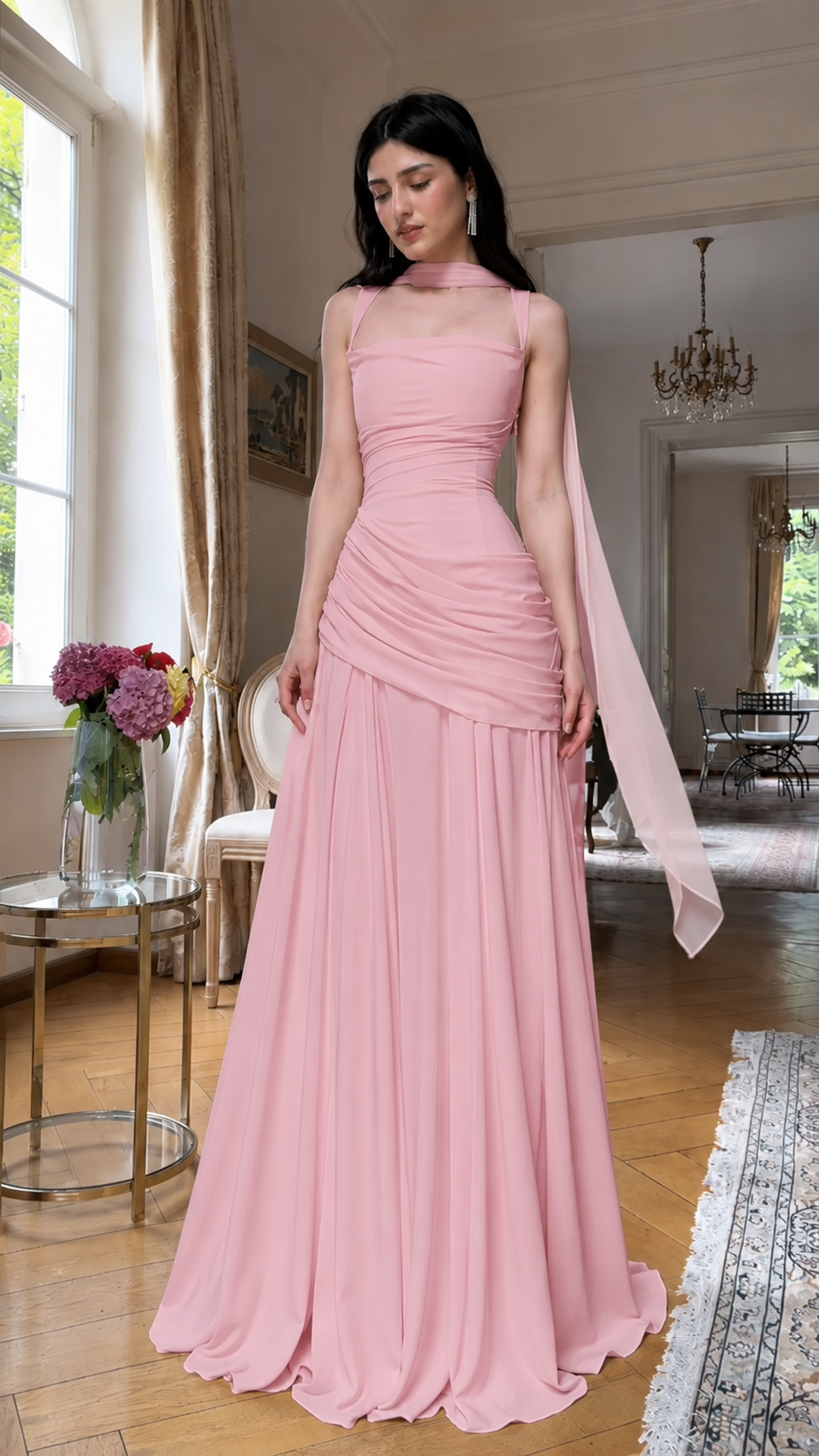 Front view of blush pink ruched maxi evening dress with scarf neckline