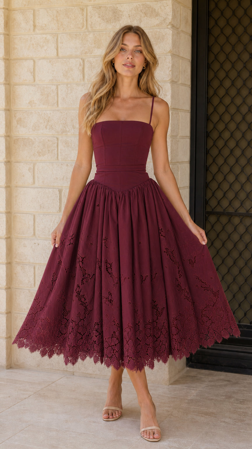 Front view of burgundy midi dress