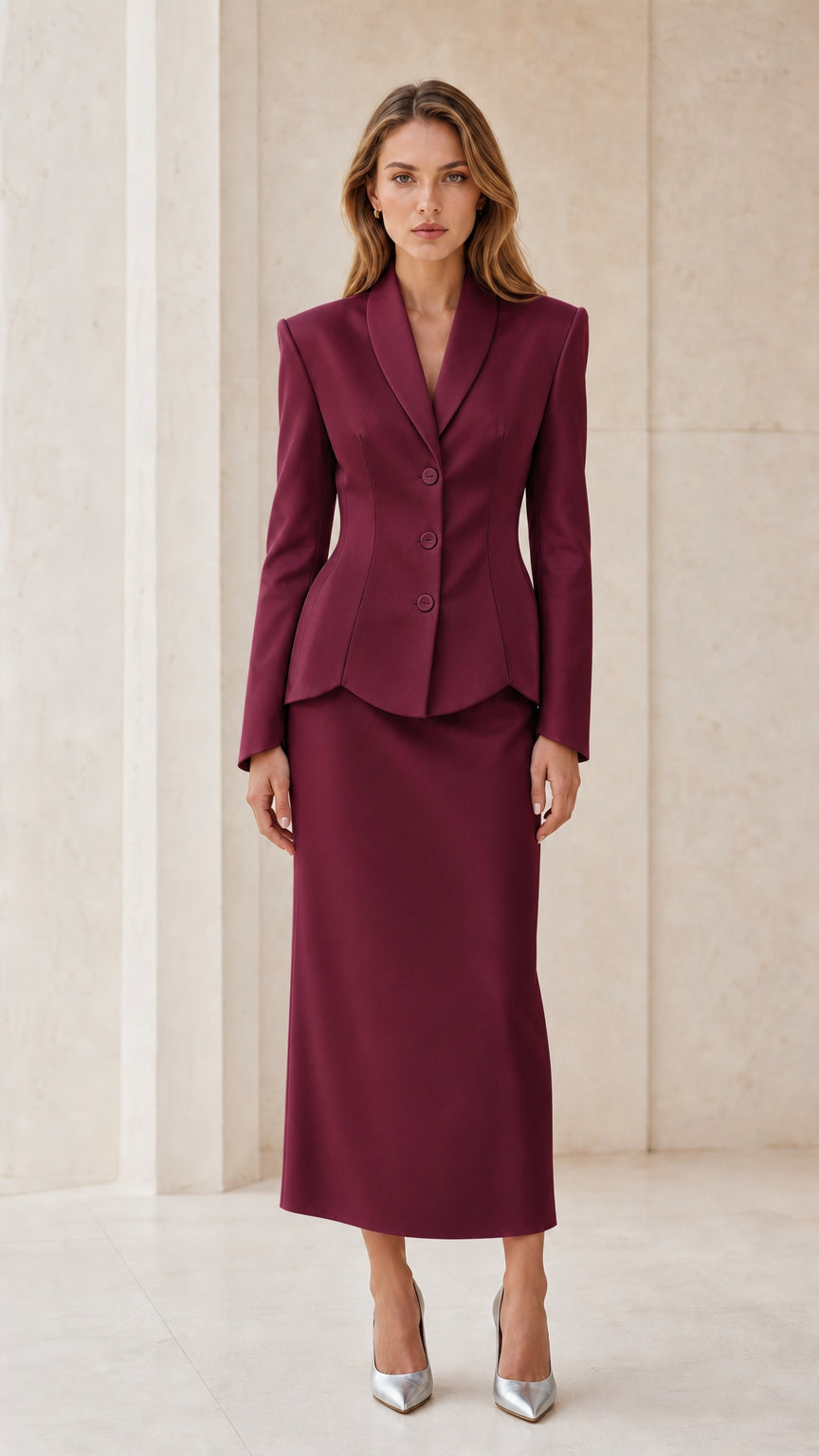 Front view of burgundy suit set