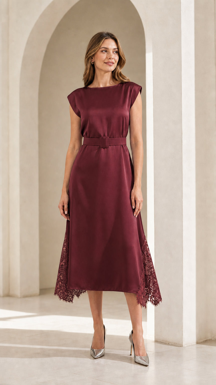 Model wearing burgundy satin midi dress