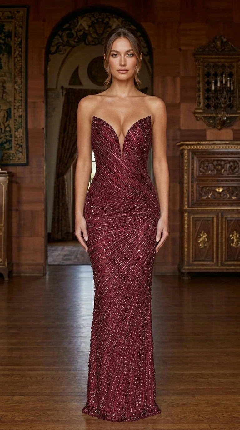 Front view of burgundy color variant of the strapless evening gown
