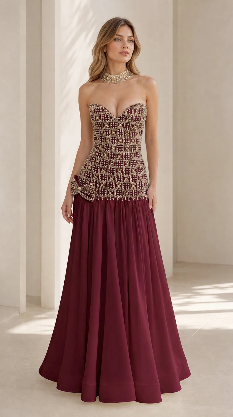 Burgundy variant of the beaded bustier evening dress
