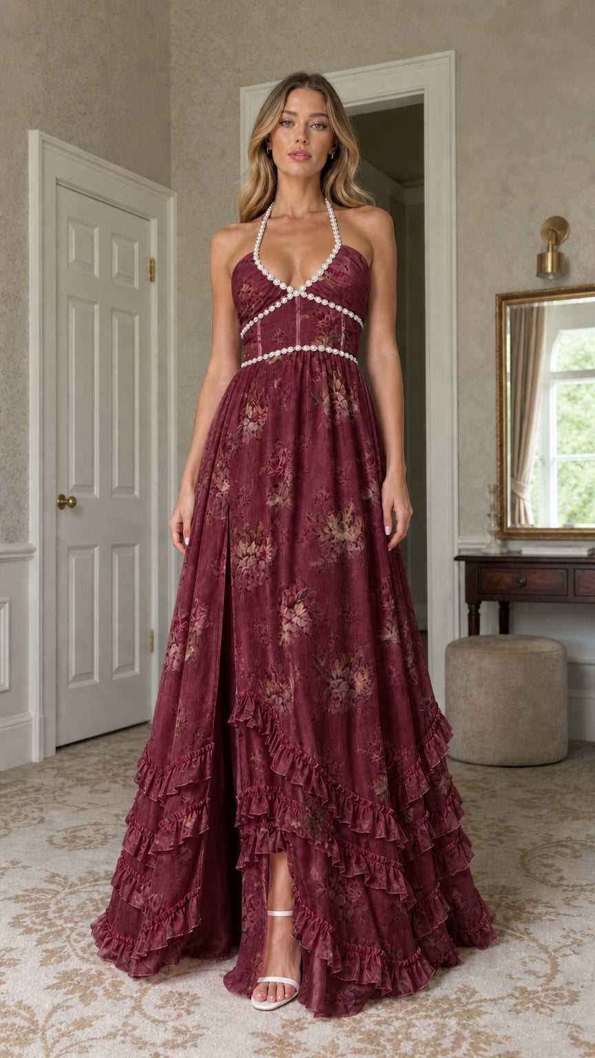 Model wearing burgundy floral print pearl-trimmed halter maxi dress