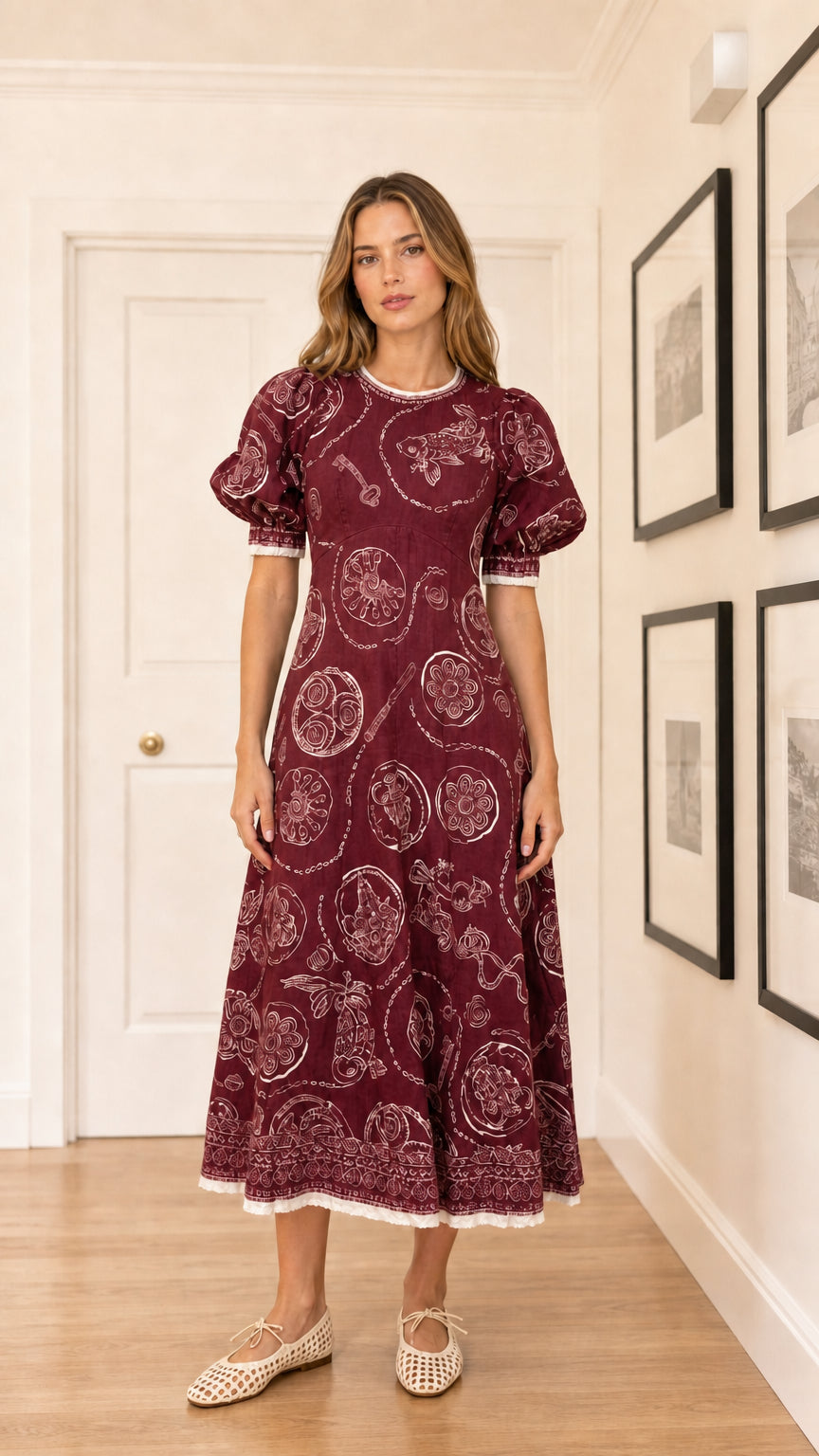 Woman wearing burgundy embroidered puff sleeve midi dress