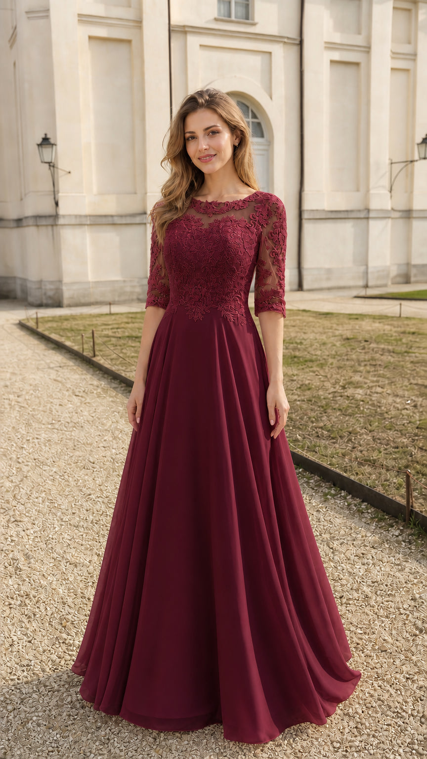Front full view of burgundy lace evening dress
