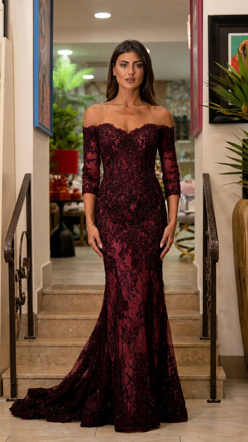 Front view of burgundy lace evening gown