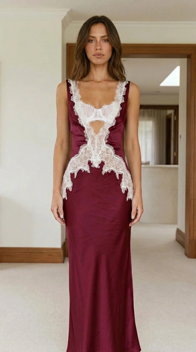 Burgundy color variant of satin lace maxi dress
