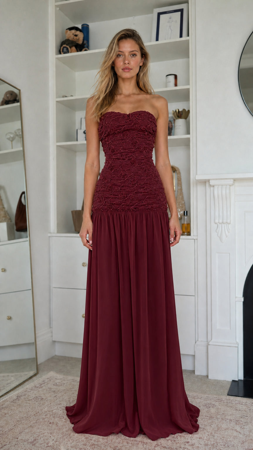 Elegance Strapless Textured Bodice Chiffon Maxi Dress in Burgundy