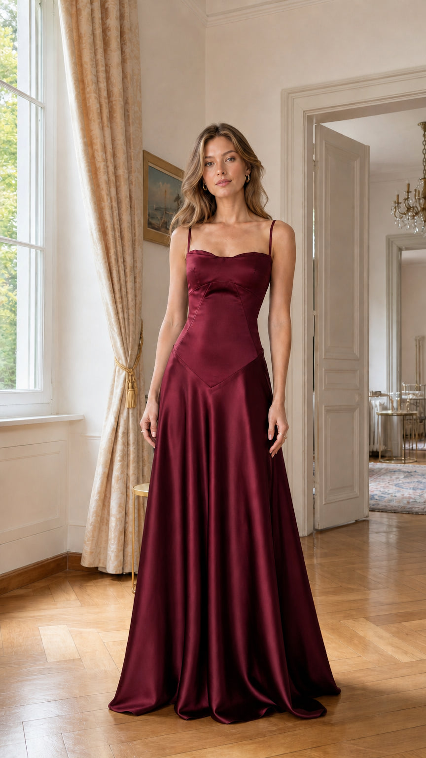 Front view of burgundy satin maxi dress