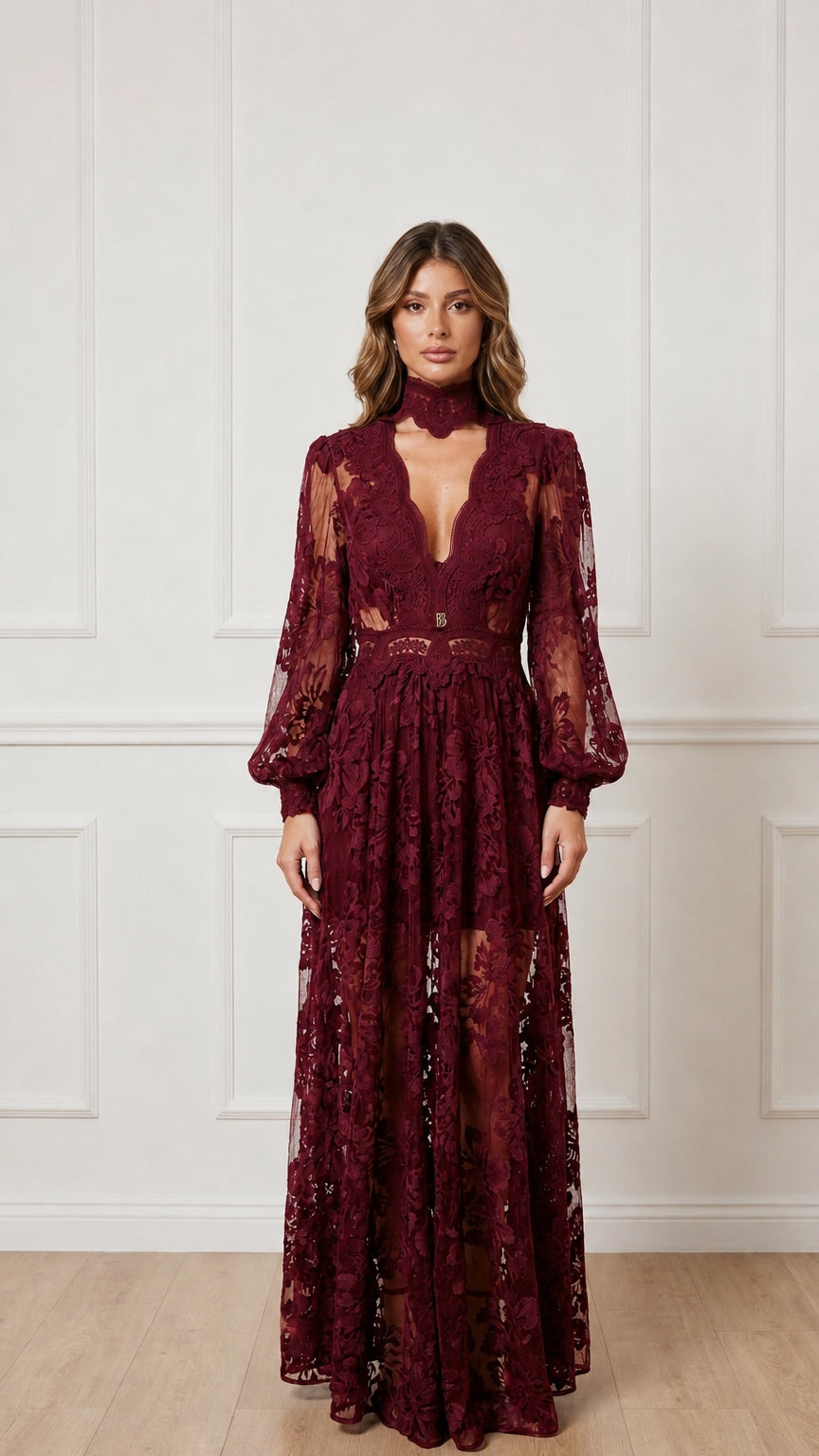 Front view of burgundy sheer lace maxi dress