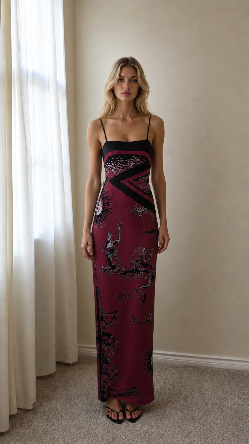 Front view of Burgundy graphic print maxi slip dress
