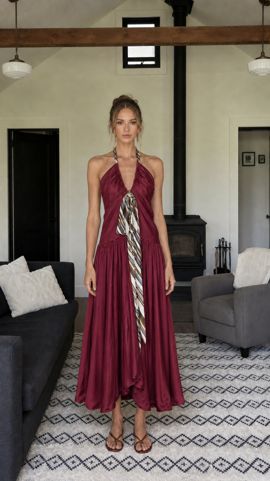 Front view of woman wearing burgundy halter neck long dress