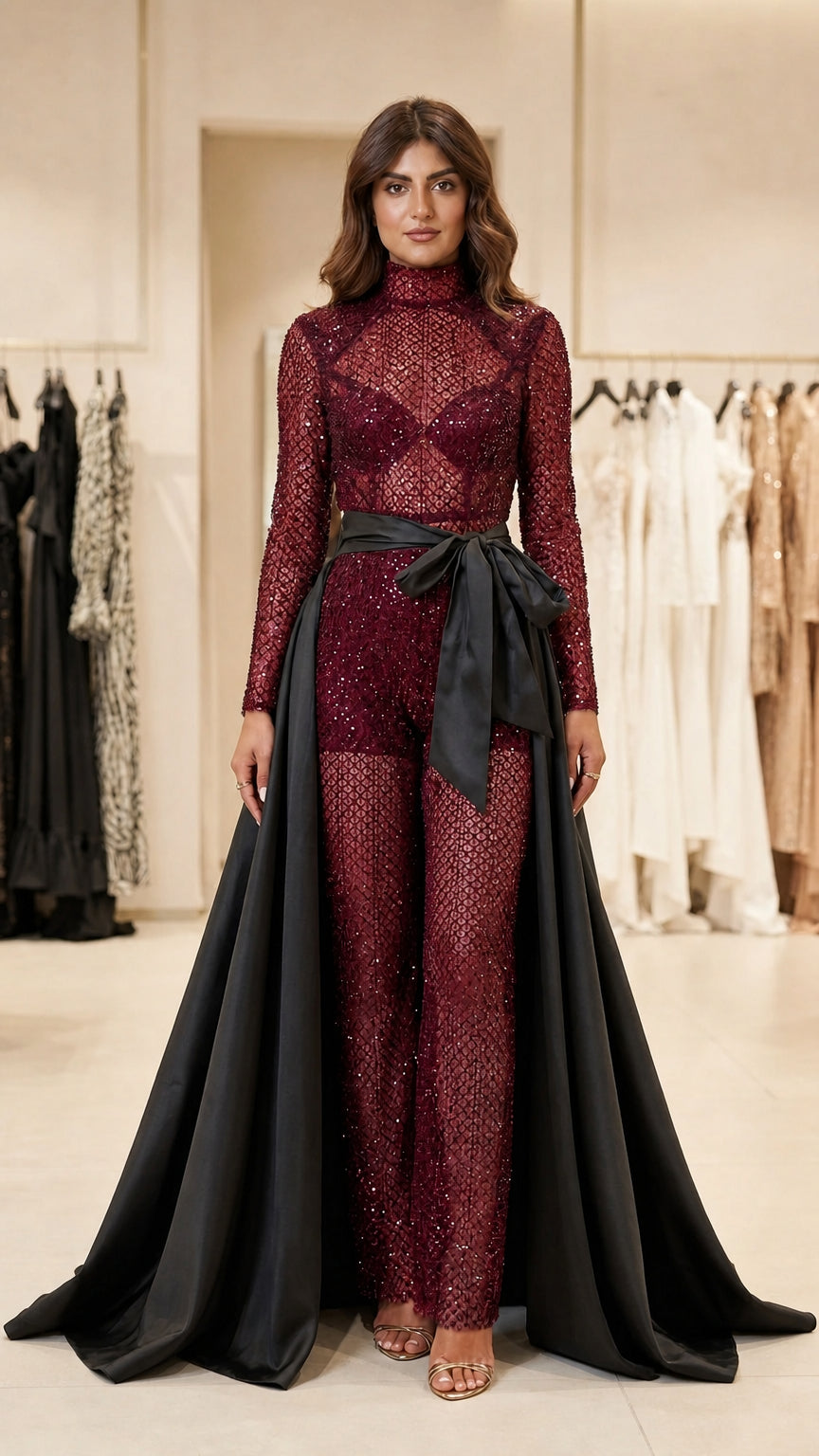 Front view of burgundy sequin jumpsuit with black satin overskirt