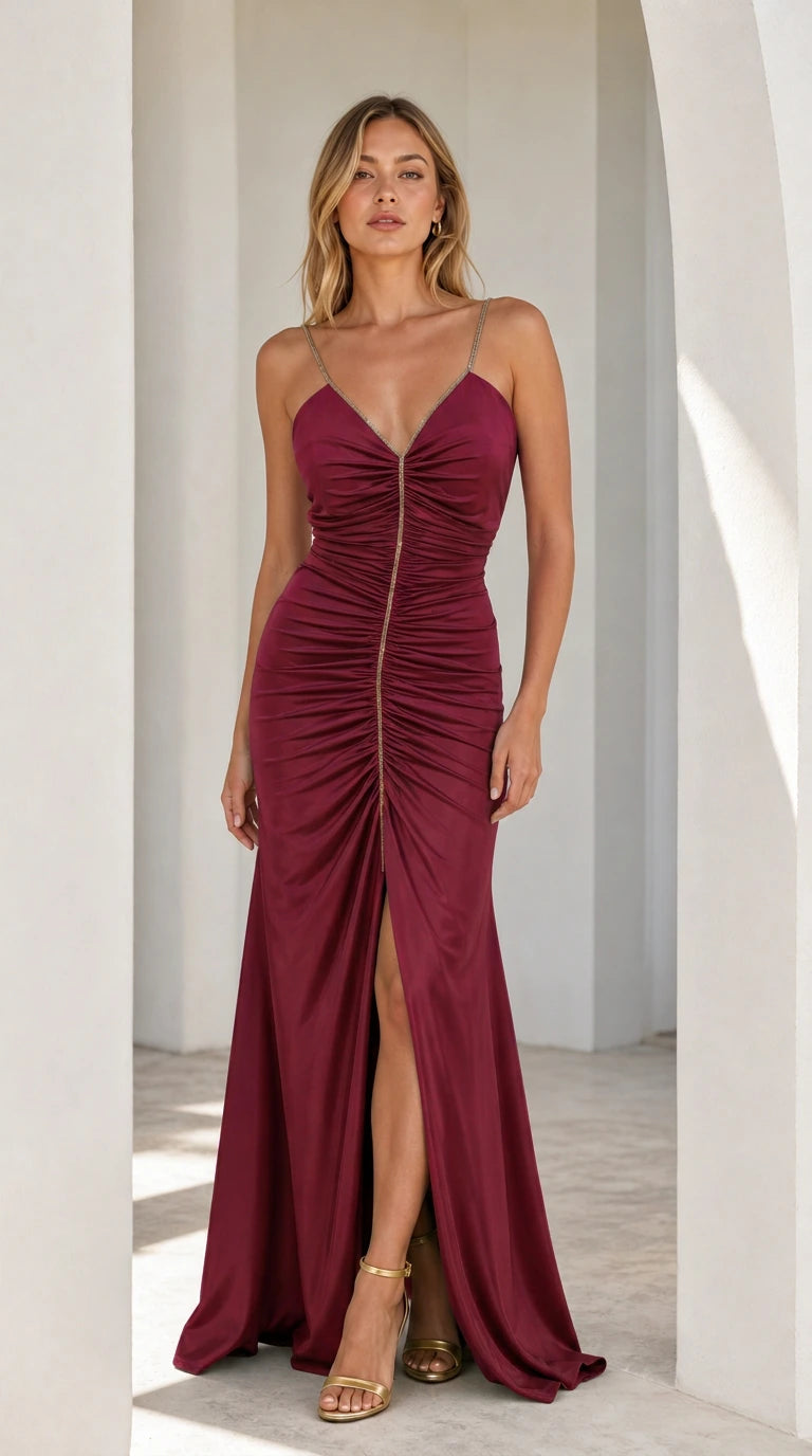 Burgundy Ruched Rhinestone Strap Maxi Dress