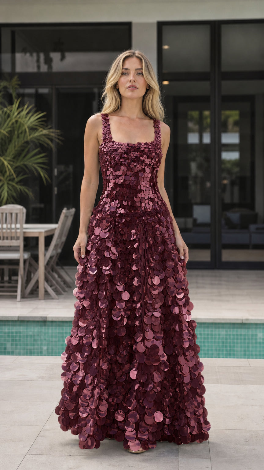 Front view of a burgundy sequin evening maxi dress