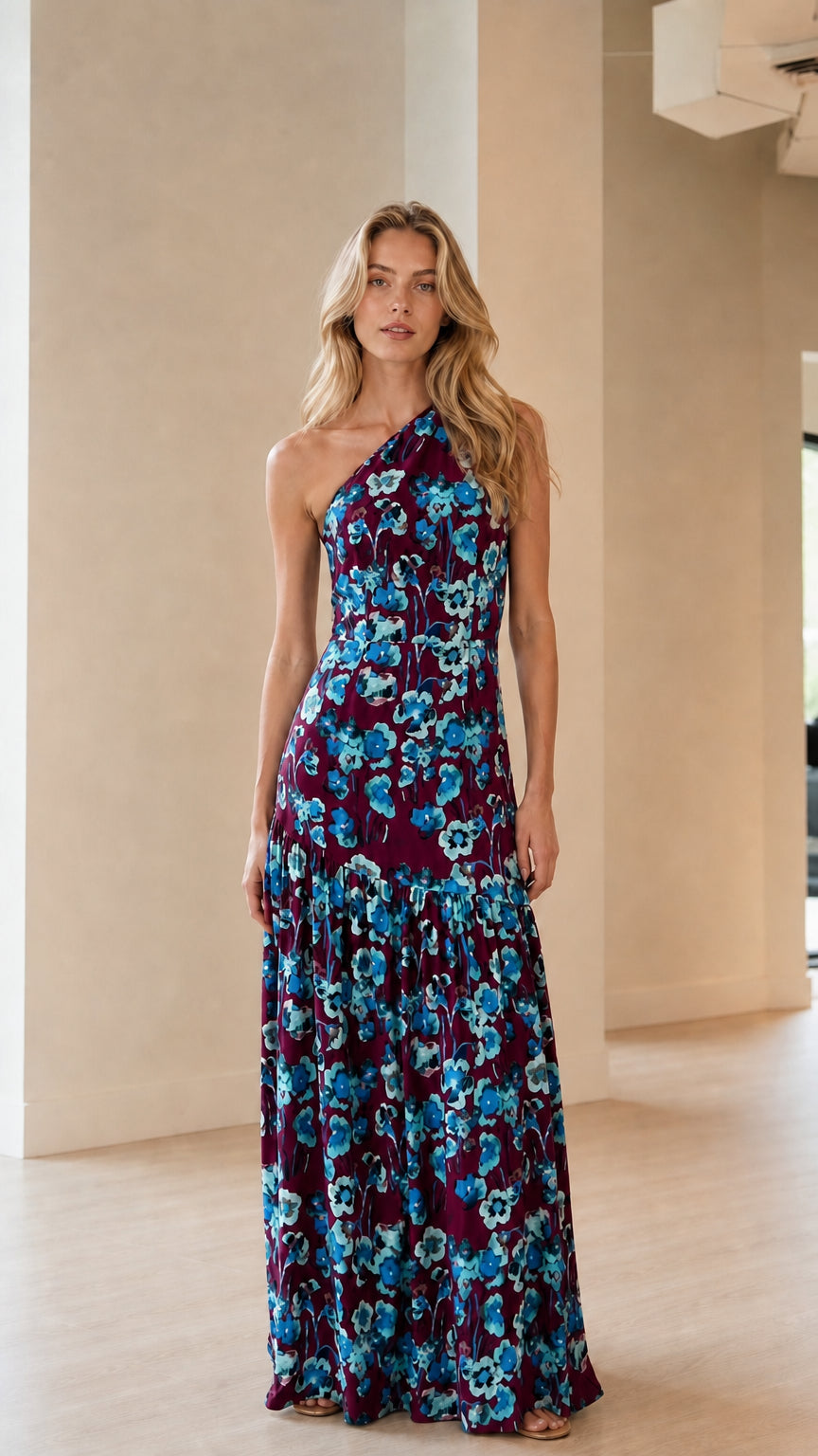 Front view of model wearing plum floral one-shoulder maxi dress