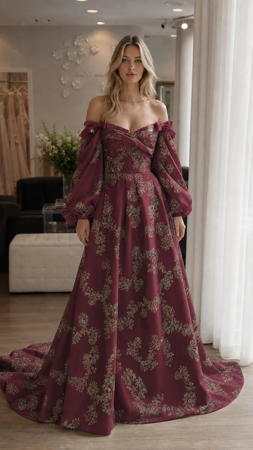 Woman wearing burgundy floral off-shoulder maxi dress