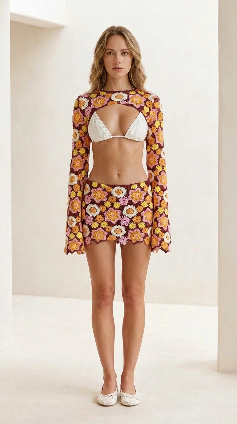 Front view of burgundy floral crochet set
