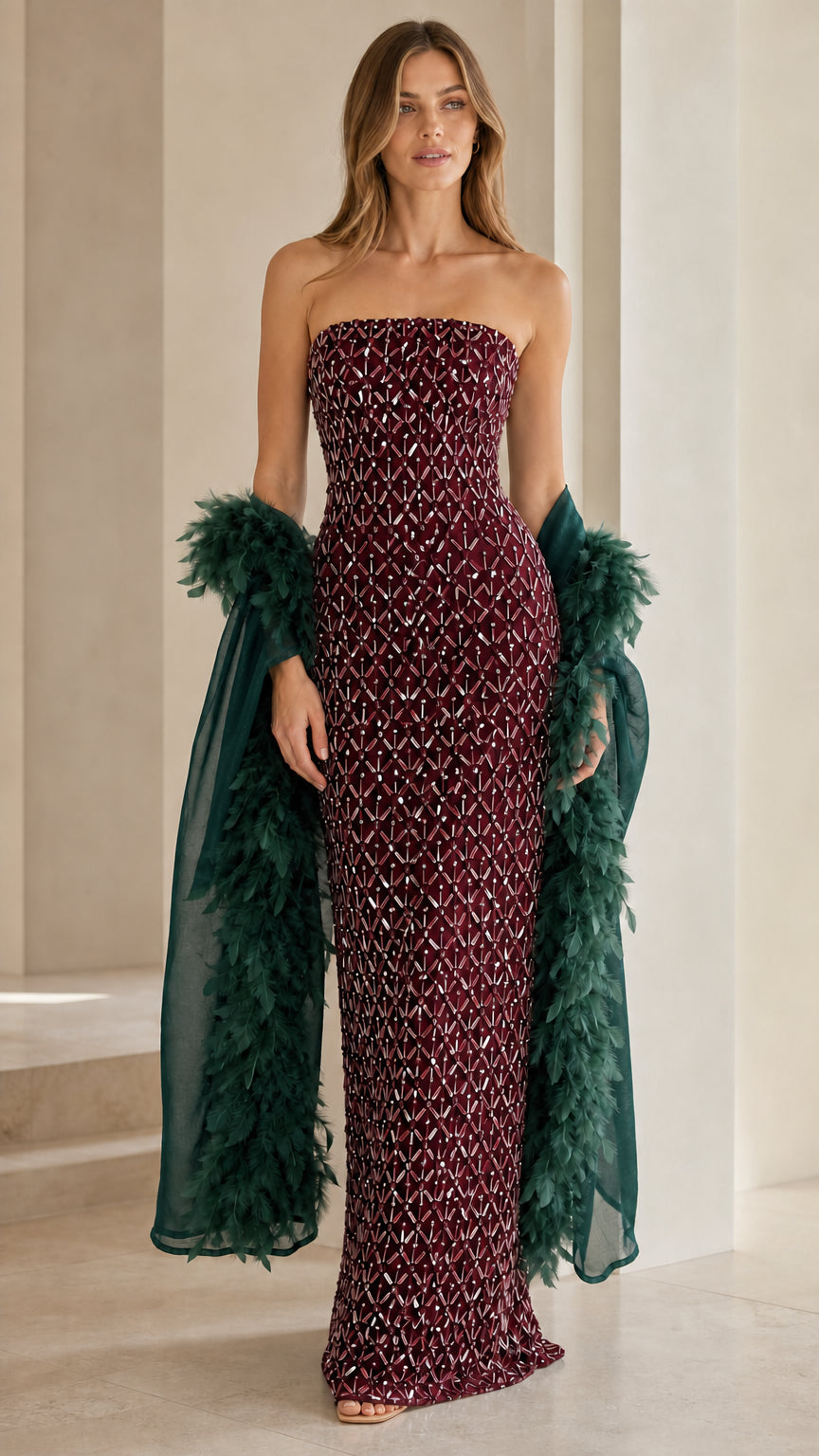 Burgundy sequin strapless evening gown with wrap