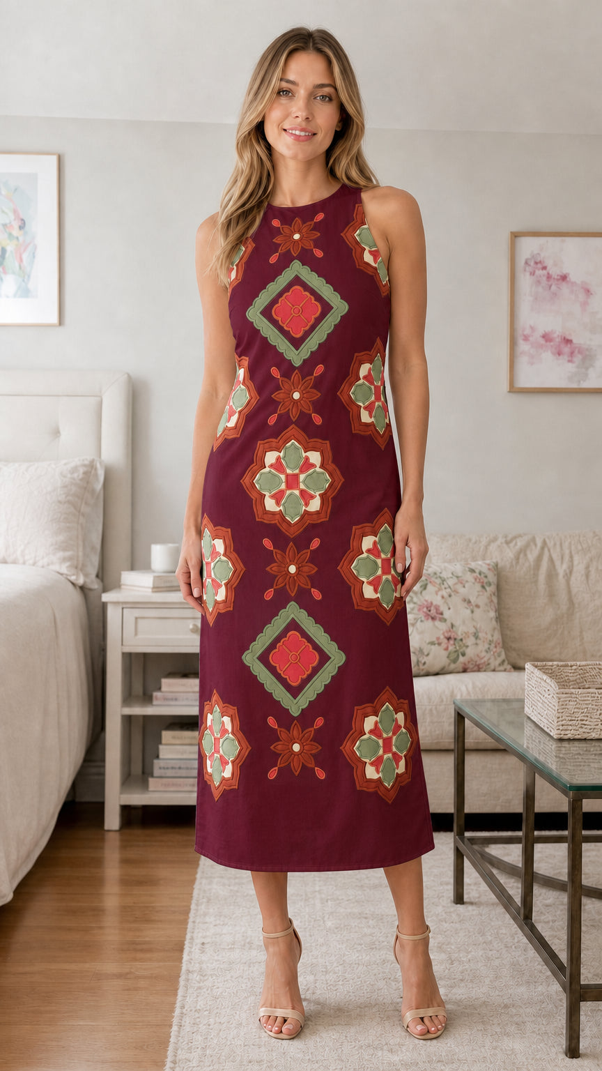 Front view of burgundy geometric embroidered midi dress