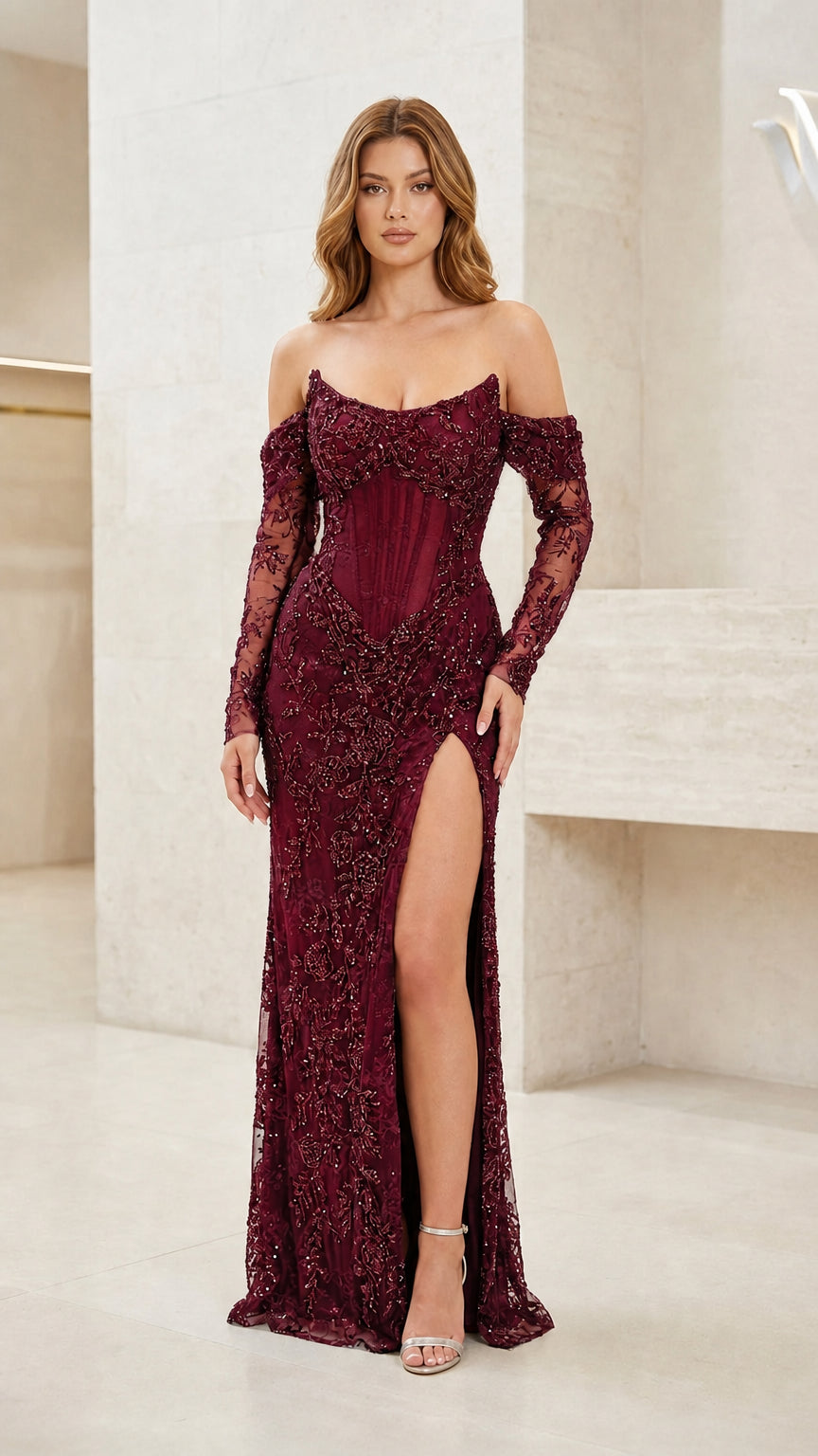 Model wearing Burgundy off-shoulder beaded evening dress