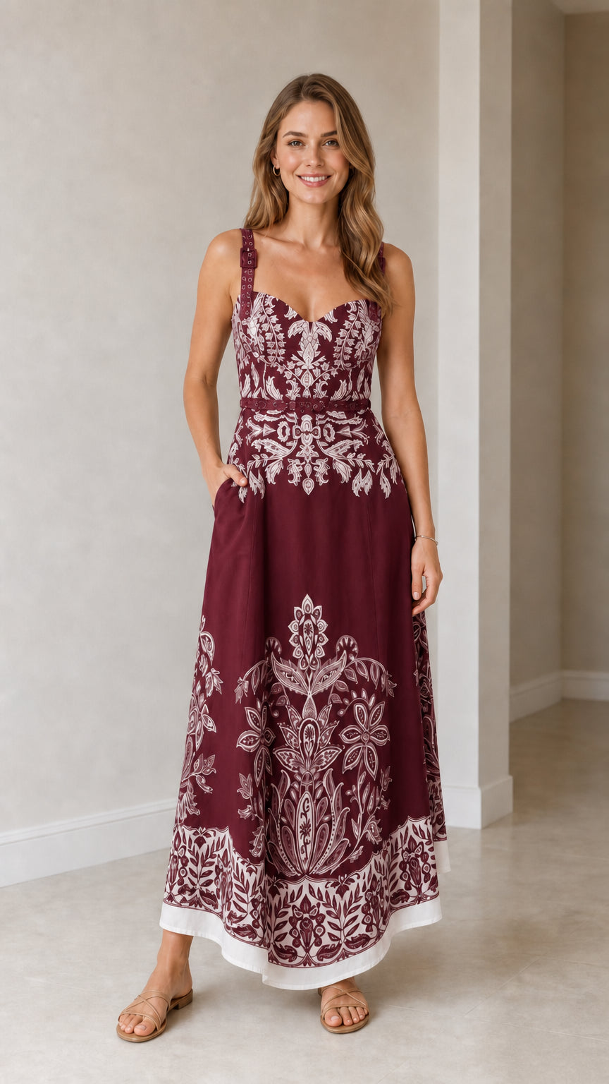 Model wearing burgundy botanical print maxi dress