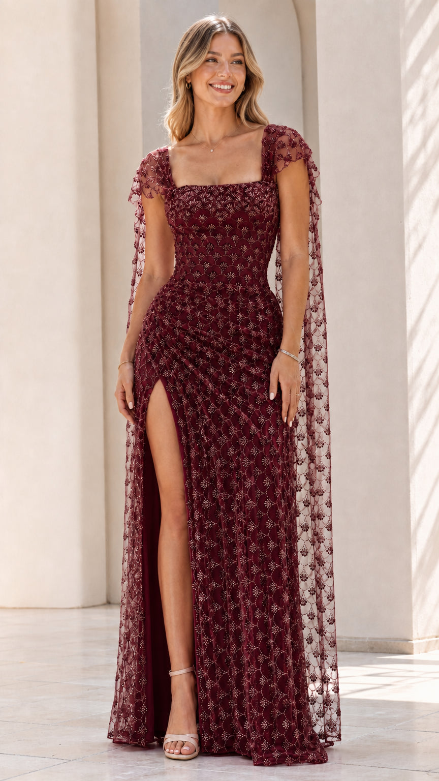 Front view of burgundy sequin formal gown