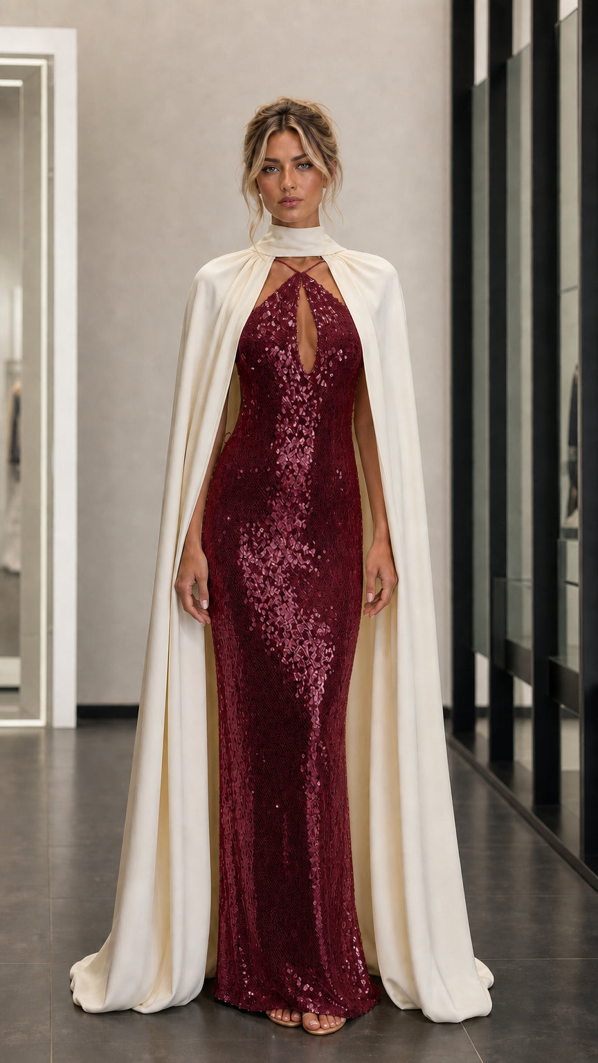 Front view of burgundy sequin evening dress with cape