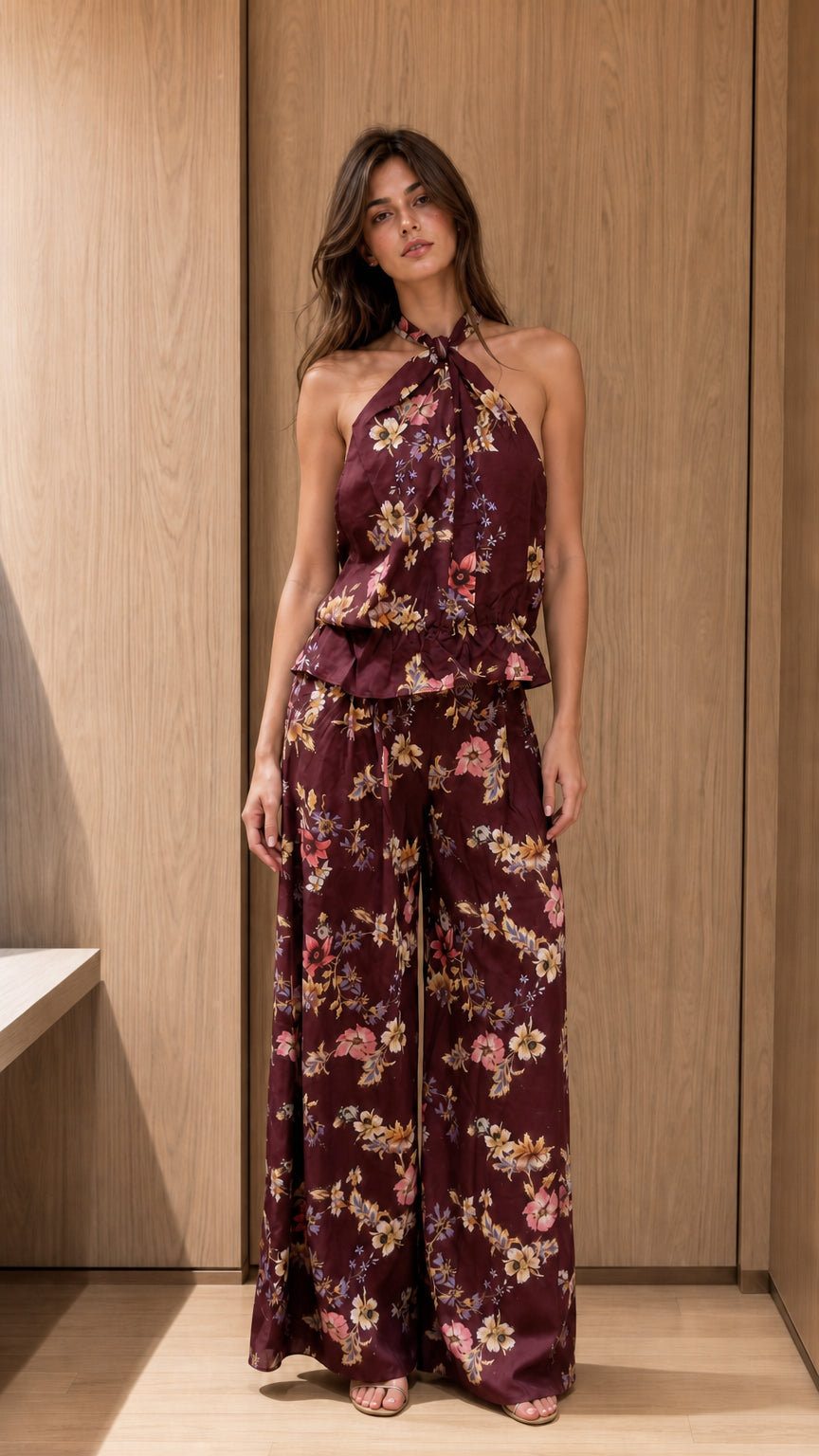 Front view of burgundy floral halter top and wide-leg pants set on model
