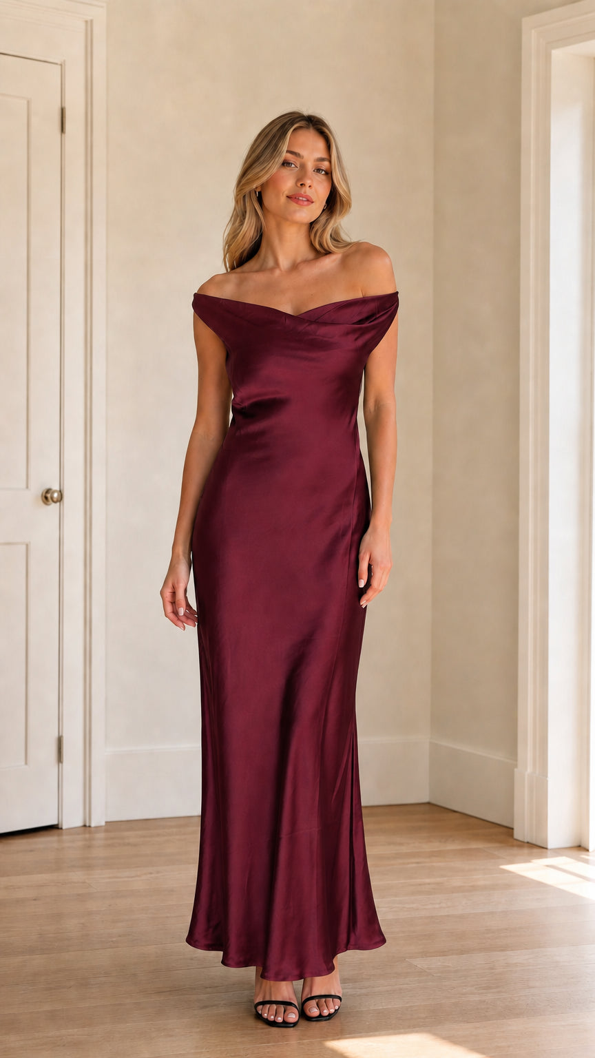 Model wearing burgundy off-shoulder satin maxi dress