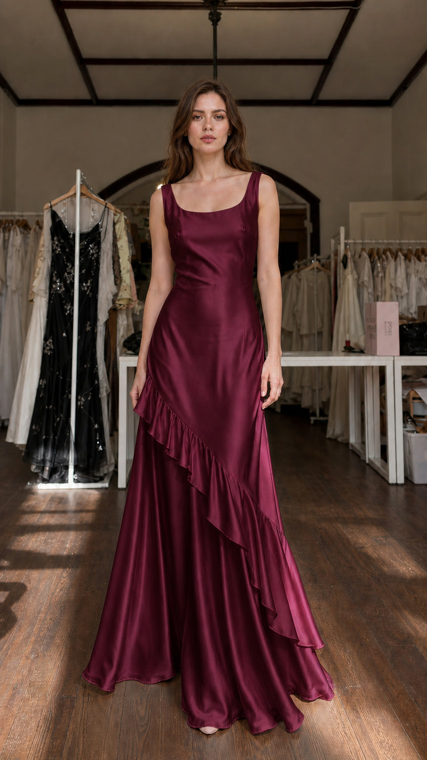 Model wearing Burgundy satin maxi dress