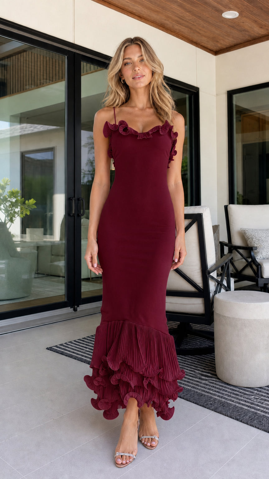 Front view of burgundy sleeveless ruffled maxi dress
