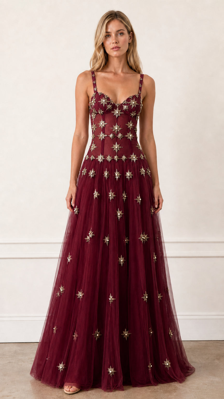 Front view of Burgundy embroidered starburst tulle evening gown
