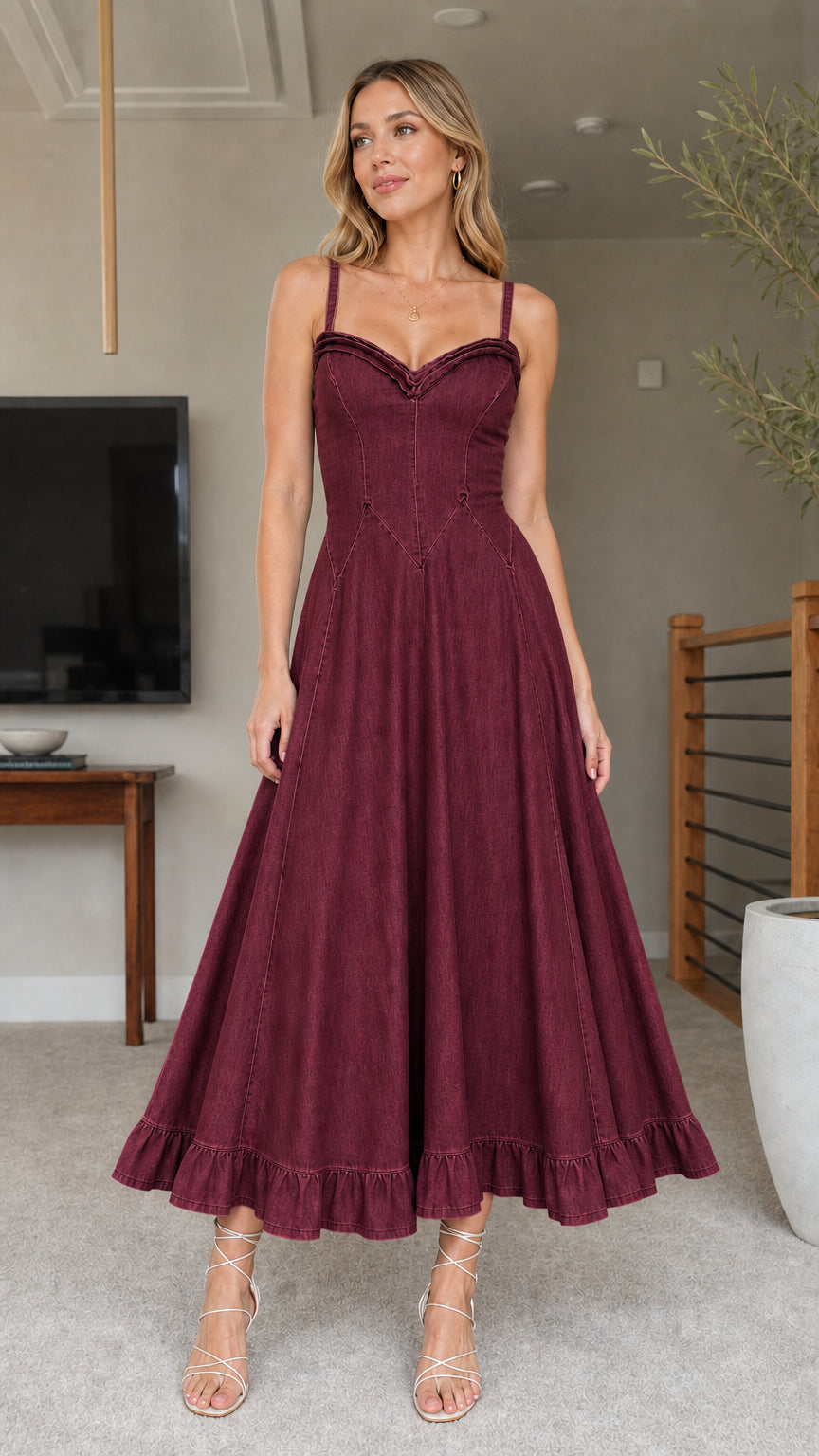 Women's Burgundy Denim Midi Dress Front View