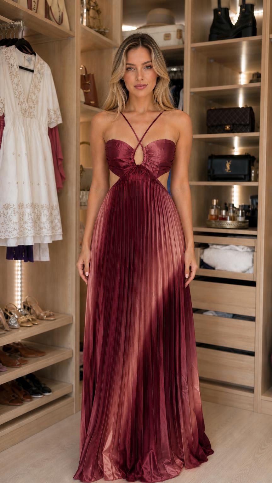 Front view of model wearing burgundy satin pleated cutout maxi dress