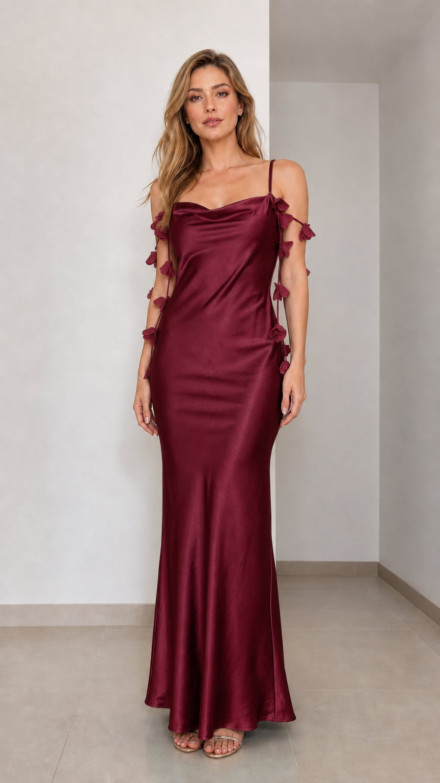 Front view of burgundy satin maxi dress