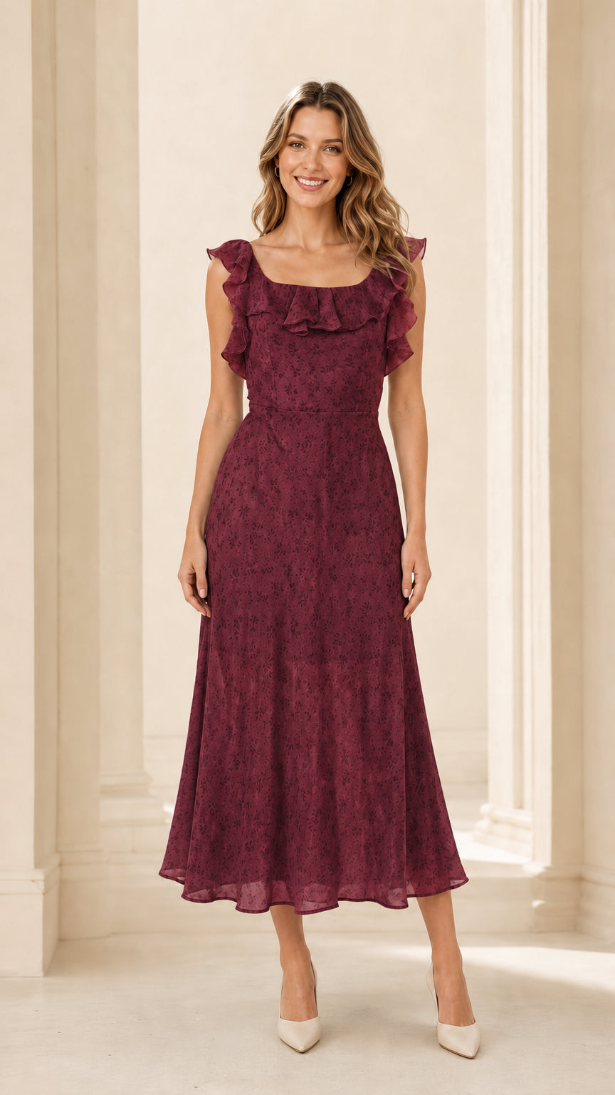 Front view of woman wearing burgundy ruffled floral midi dress
