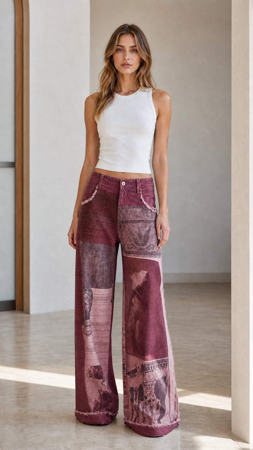 Model wearing burgundy patchwork wide leg jeans
