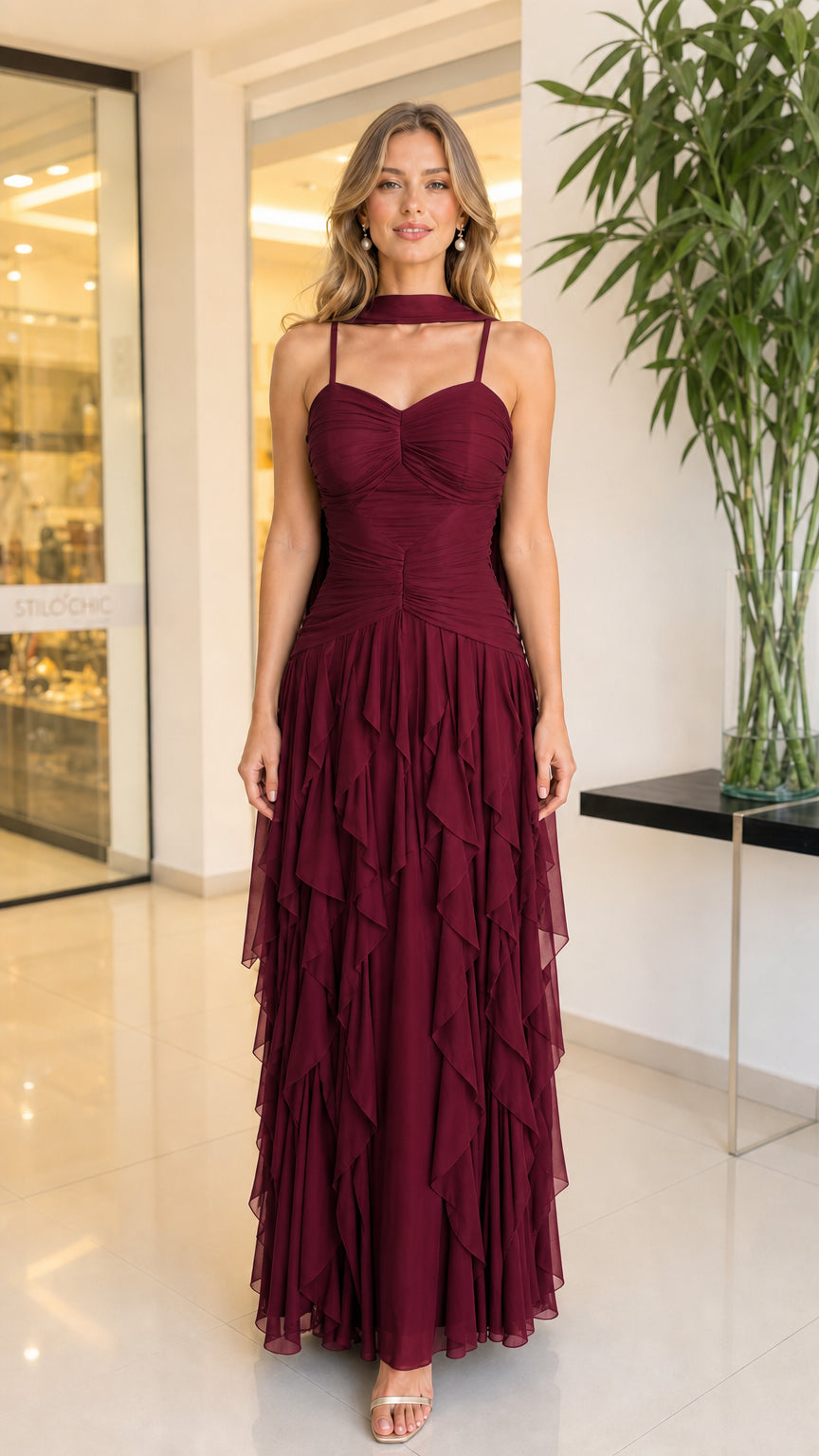 Front view of Burgundy chiffon ruffle evening gown