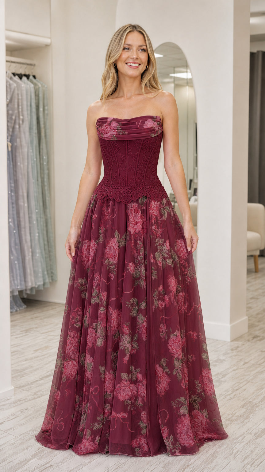 Model wearing burgundy strapless floral corset long dress