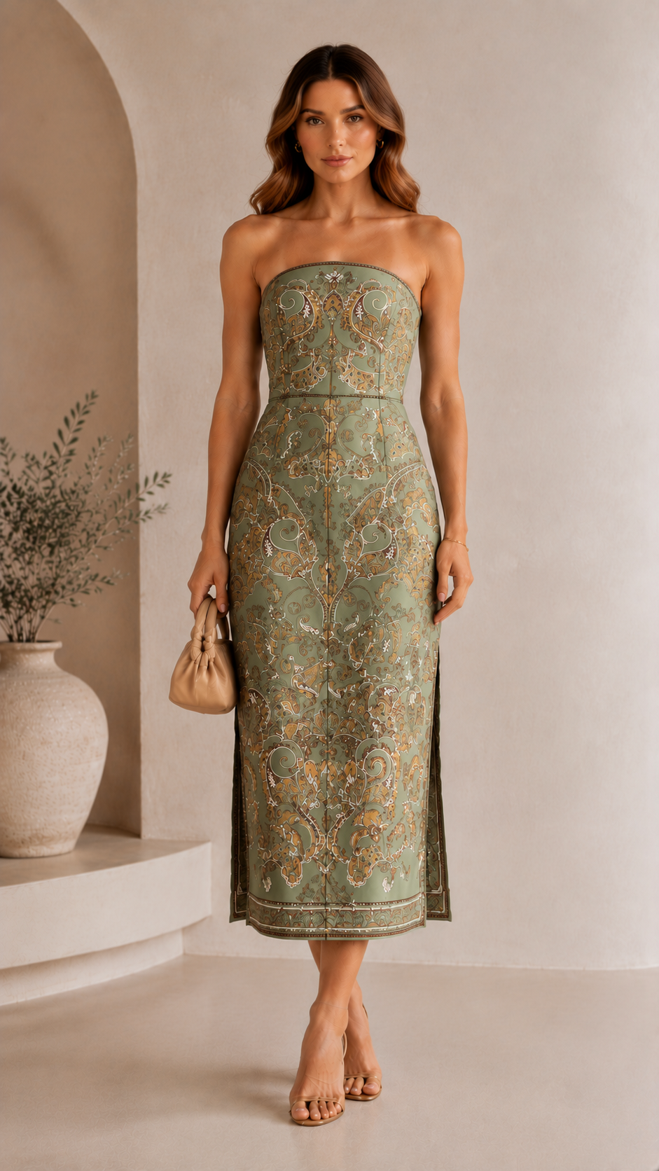 Front view of sage strapless ornate print midi dress