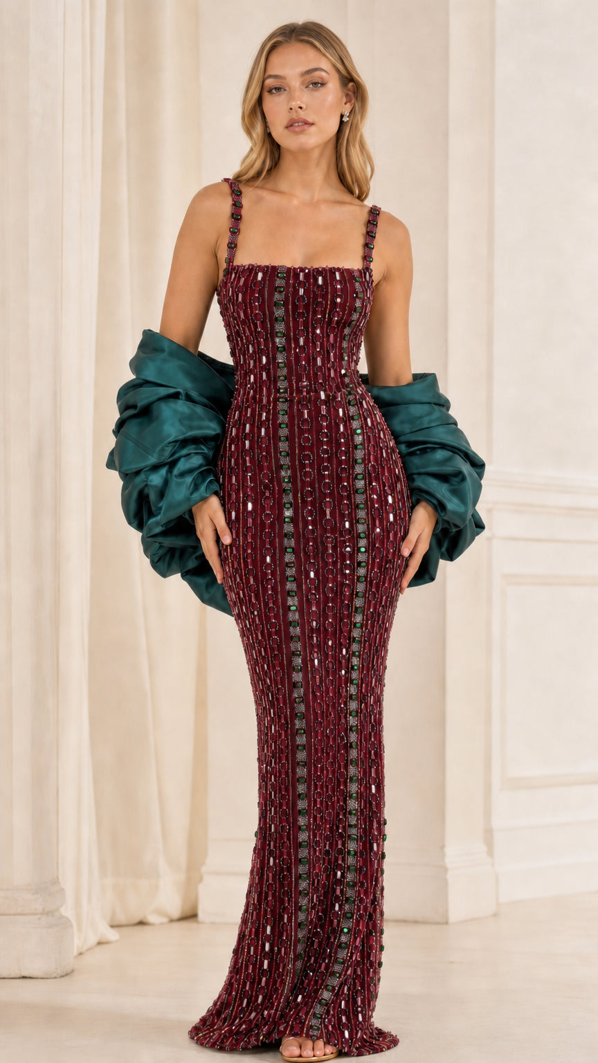 Front view of burgundy variant with beaded texture