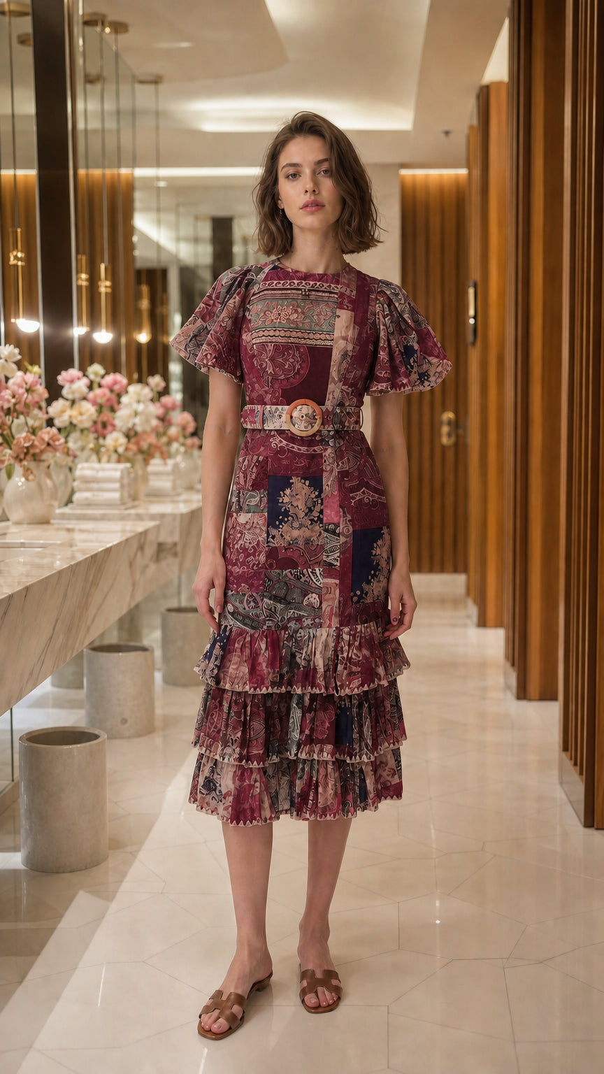 Full view of woman wearing burgundy patchwork midi dress