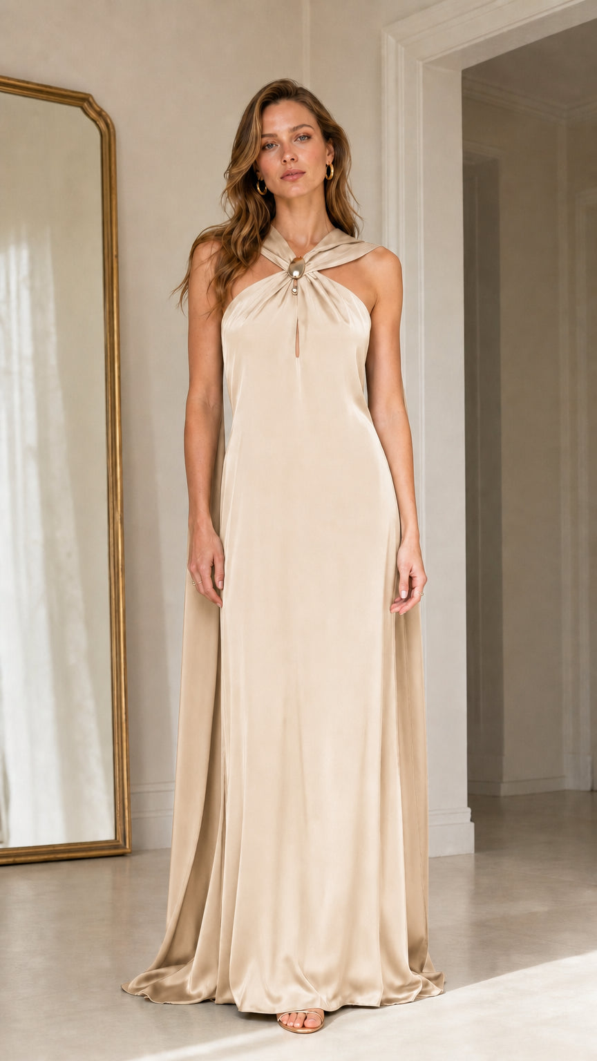 Front view of champagne satin halter maxi dress