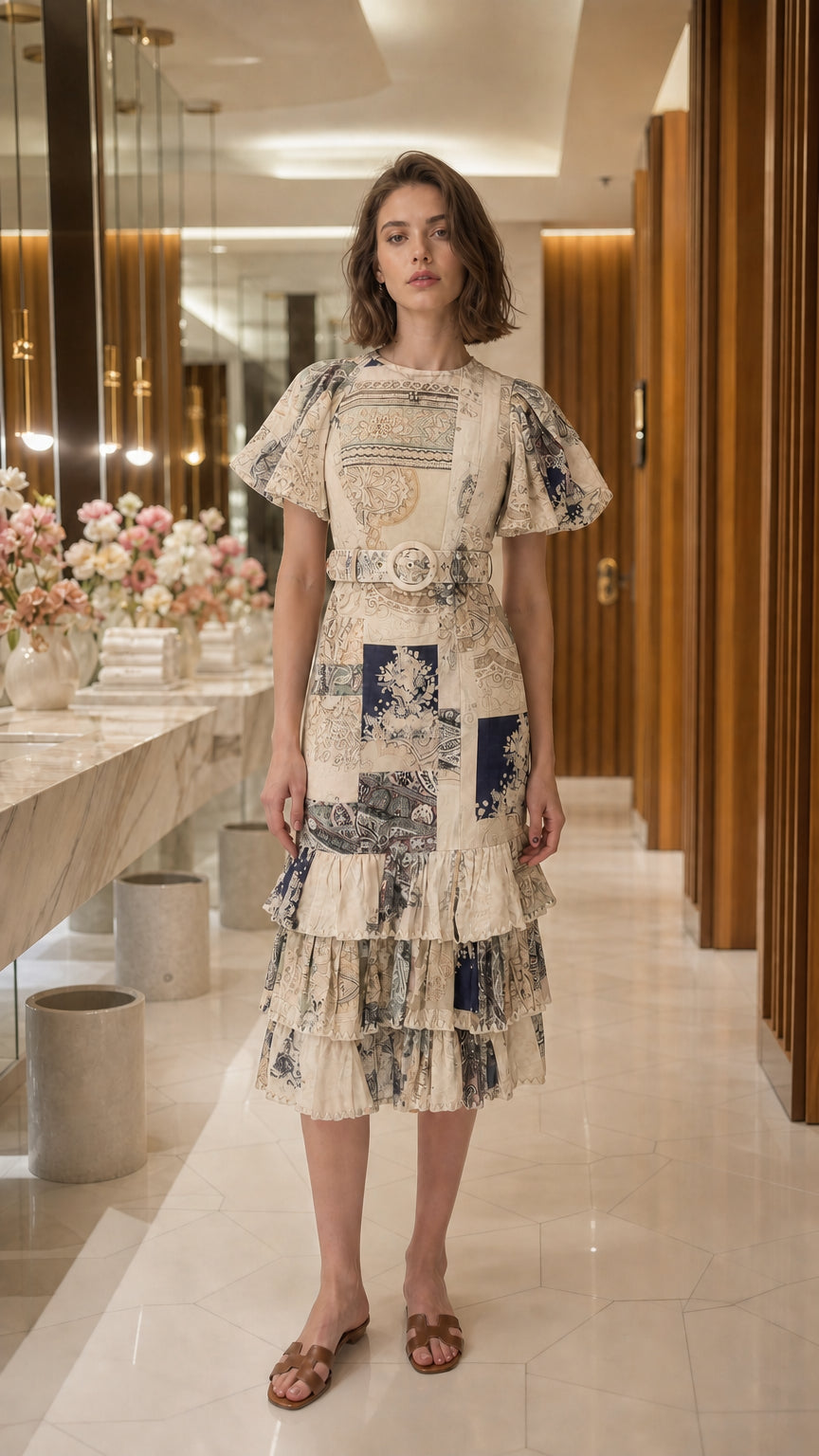 Full view of woman wearing beige patchwork midi dress