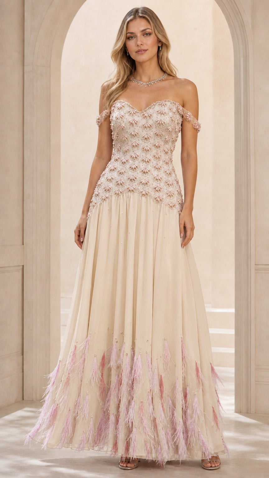 Front view of champagne evening gown with feathered hem